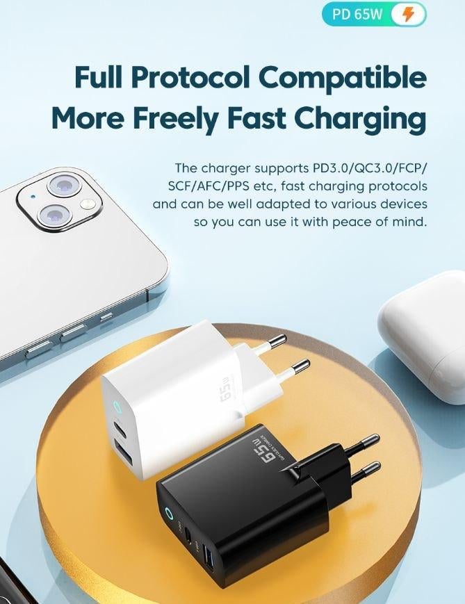 Зарядний пристрій мережевий Toocki GaN 65W USB/Type-C Fast Charger 65W Black (25397373) - фото 6 Зарядний пристрій мережевий Toocki GaN 65W USB/Type-C Fast Charger 65W Black (25397373) - фото 6