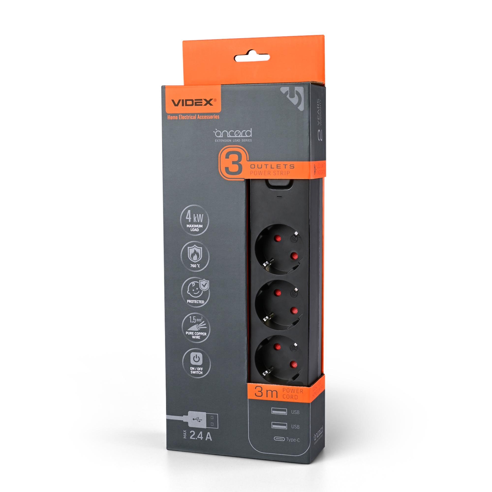 Подовжувач Videx ONCORD 2хUSB/USB-C 3 гнізда із заземленням/кнопкою/шторками 3 м Чорний (VF-PD33G2U1C-B)