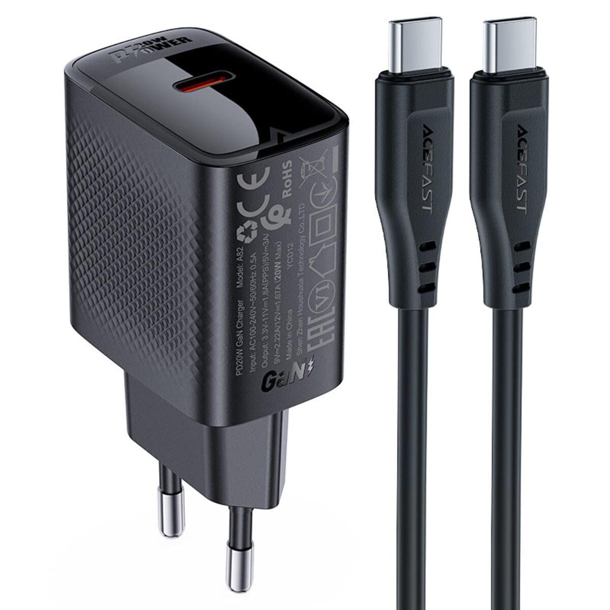 Зарядное устройство Acefast A82 PD20W GaN Single Type-C Charger Set P5 Type-C to Type-C Cable EU Black (6974316280057)