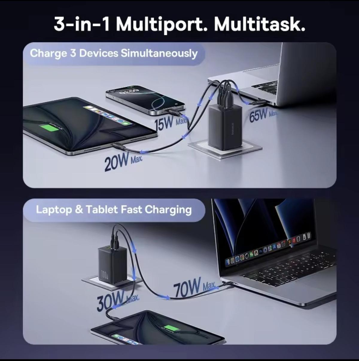 Зарядное устройство сетевое BASEUS EnerFill FE11 100W 2x USB-C USB-A (29726471) - фото 6 Зарядное устройство сетевое BASEUS EnerFill FE11 100W 2x USB-C USB-A (29726471) - фото 6