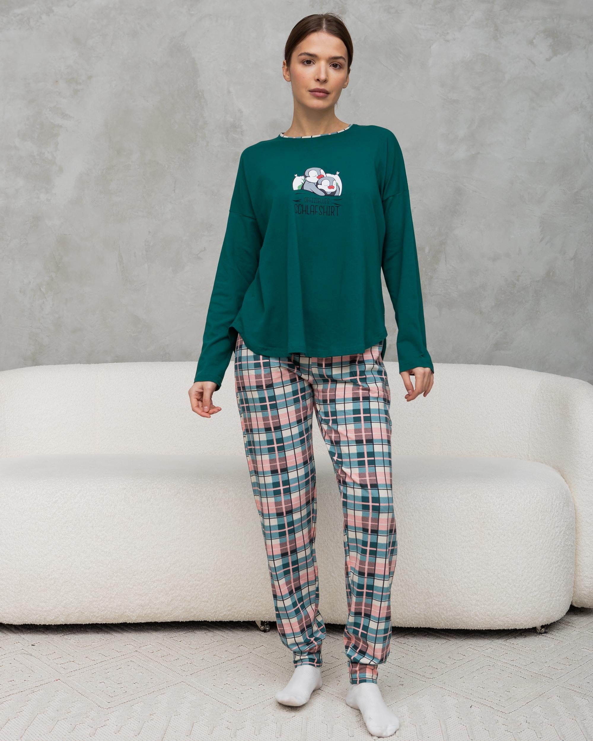 Комплект женский со штанами в клетку Спящие пингвины offizielles schlafshirt 96828 L Темно-бирюзовый