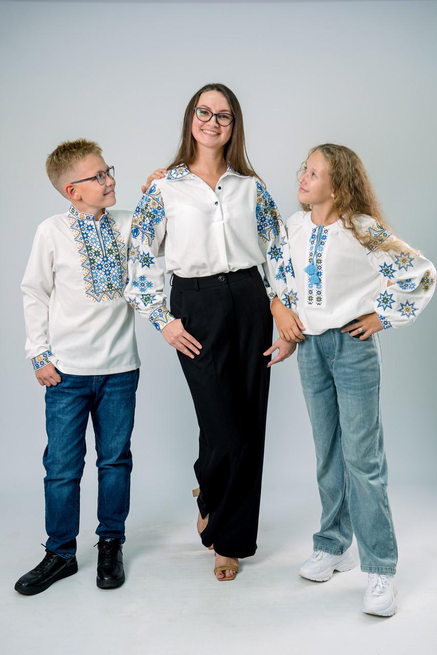 Вышиванка на мальчика лен с голубым орнаментом с длинным рукавом 158 см Молочный (2106420529) - фото 4 Вышиванка на мальчика лен с голубым орнаментом с длинным рукавом 158 см Молочный (2106420529) - фото 4