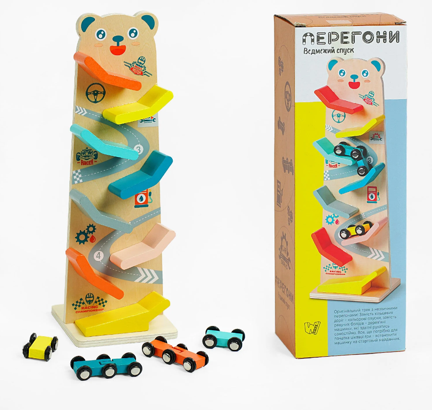 Трек WToys C 61463 8 спусков/4 машинки деревянный в коробке