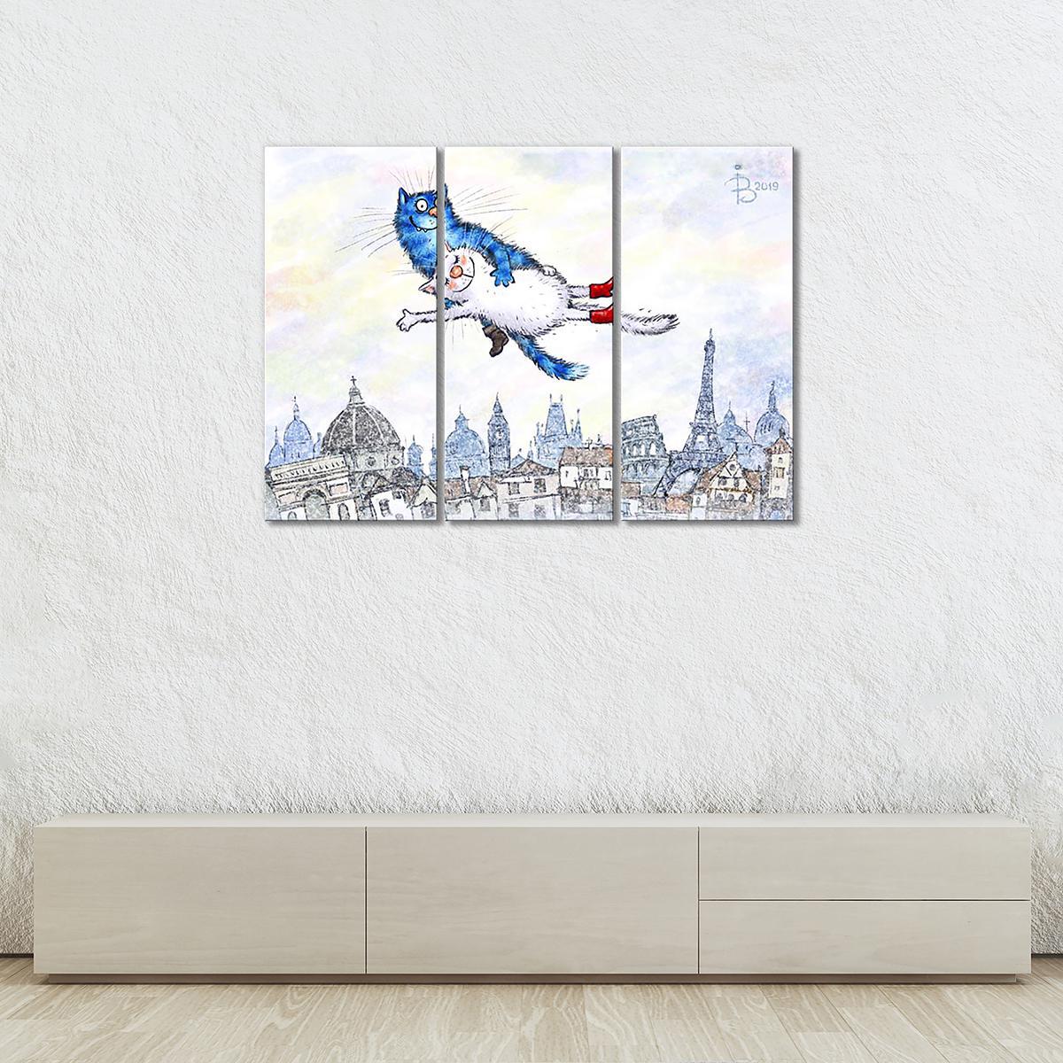 Модульная картина Фантазия мяу-диез-Шагал 3 модуля 90x135 см