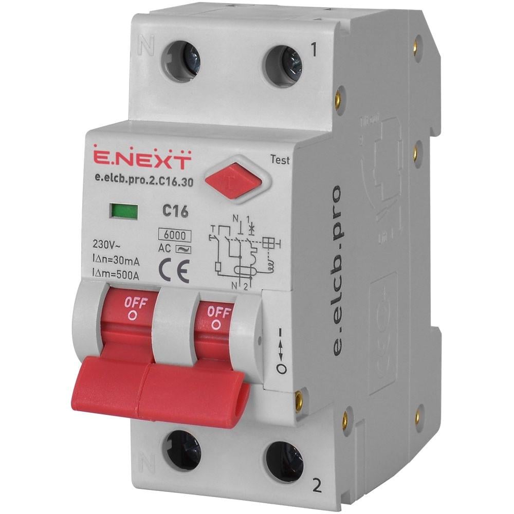 Дифавтомат E.NEXT 16A 30mA 6kA тип C 2 полюса тип AC p0620002 e.elcb.pro.2 (14415)