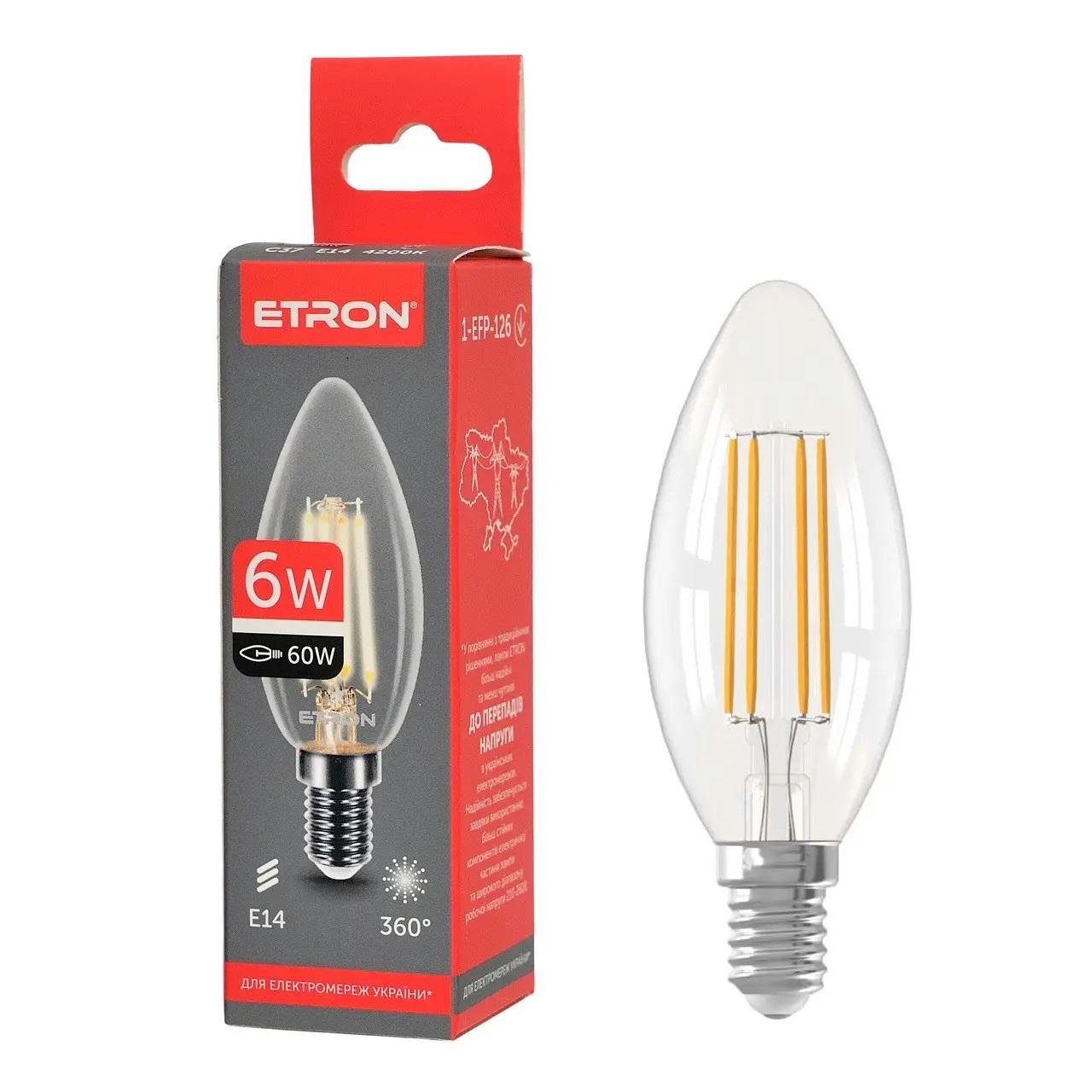 Лампа LED ETRON Filament 1-EFP-126 С37 E14 6W 4200K Прозрачный