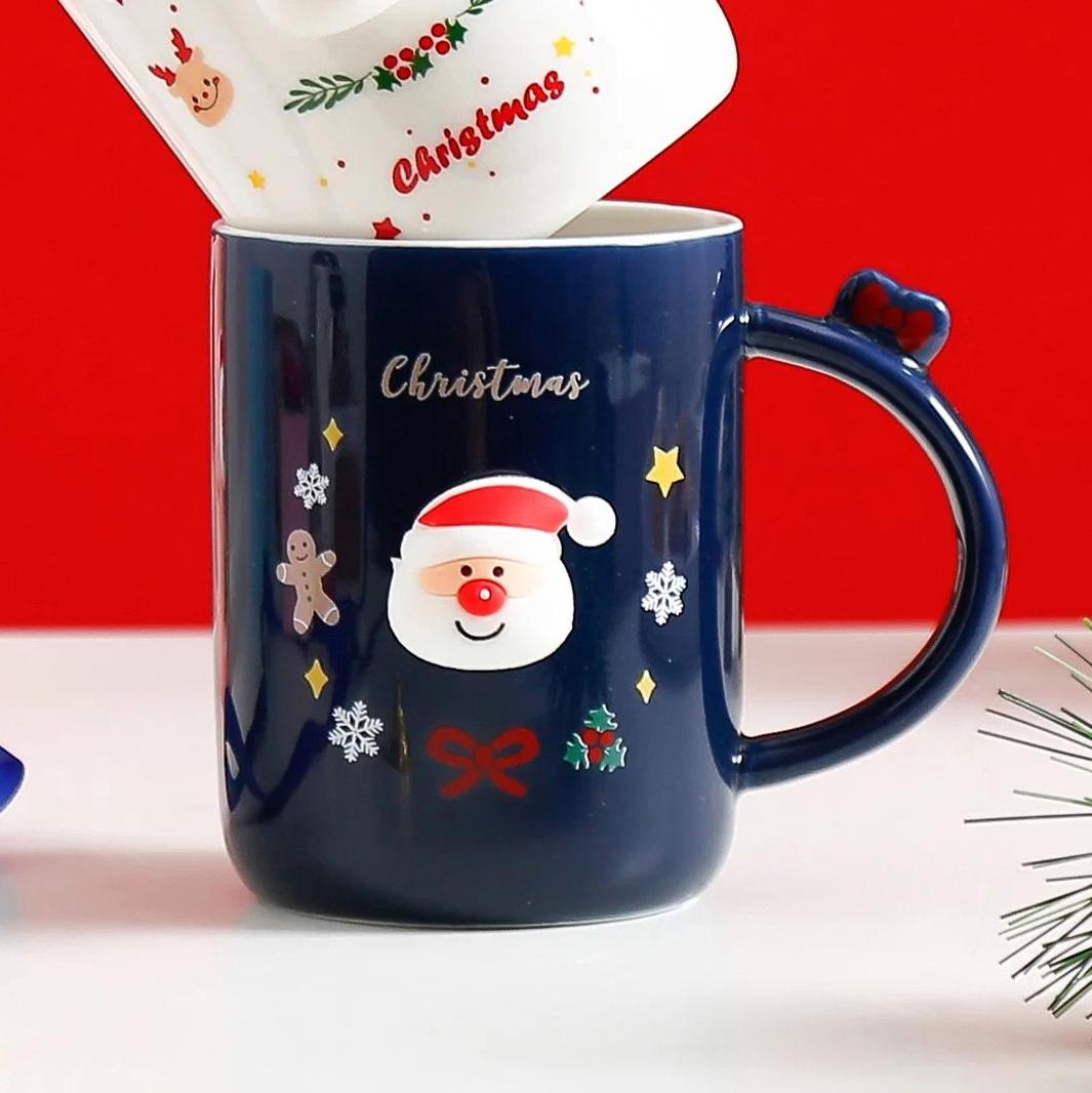 Чашка новогодняя с крышкой и ложкой Санта керамика 360 мл Синий - фото 7