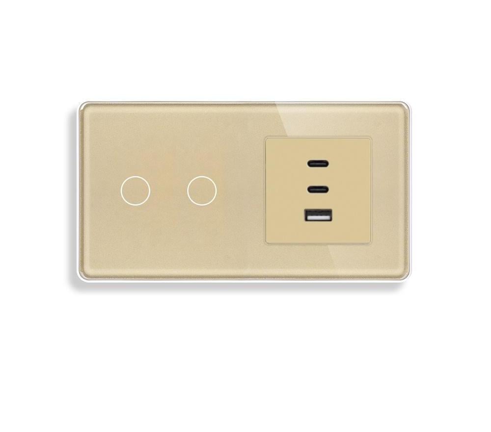 Выключатель сенсорный ELIOS двойной/проходной с розеткой USB-A + USB-C 36 Вт стекло Золотой