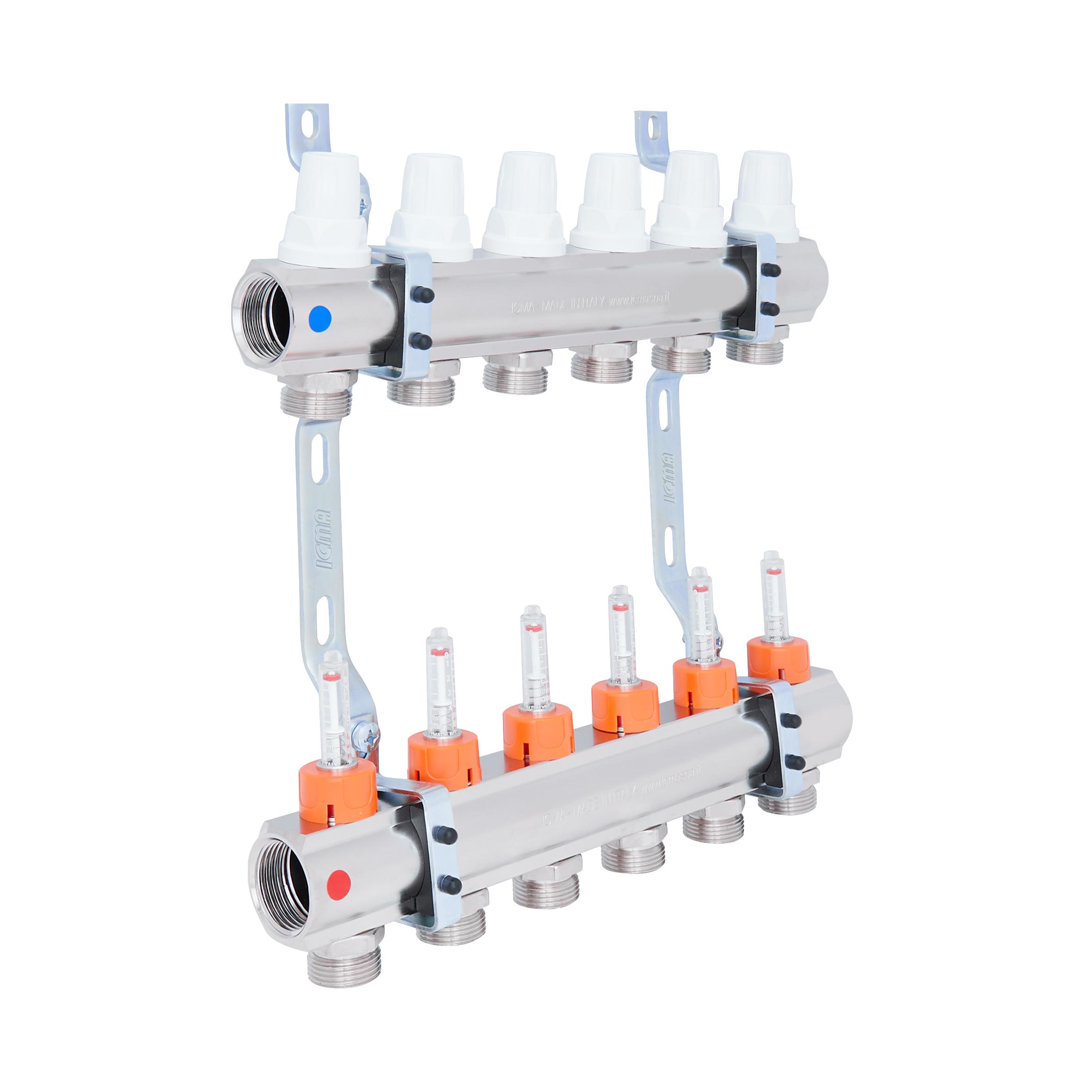 Коллектор для теплого пола ICMA 87K013PK06 6 контуров с расходомерами 1"/3/4" (78713) - фото 4