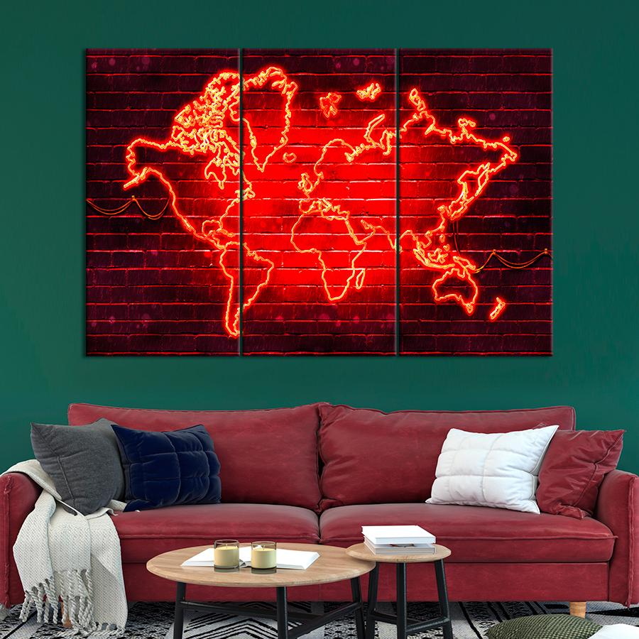 Картина карта Красная неоновая карта мира 128x81 см (A1354-3)