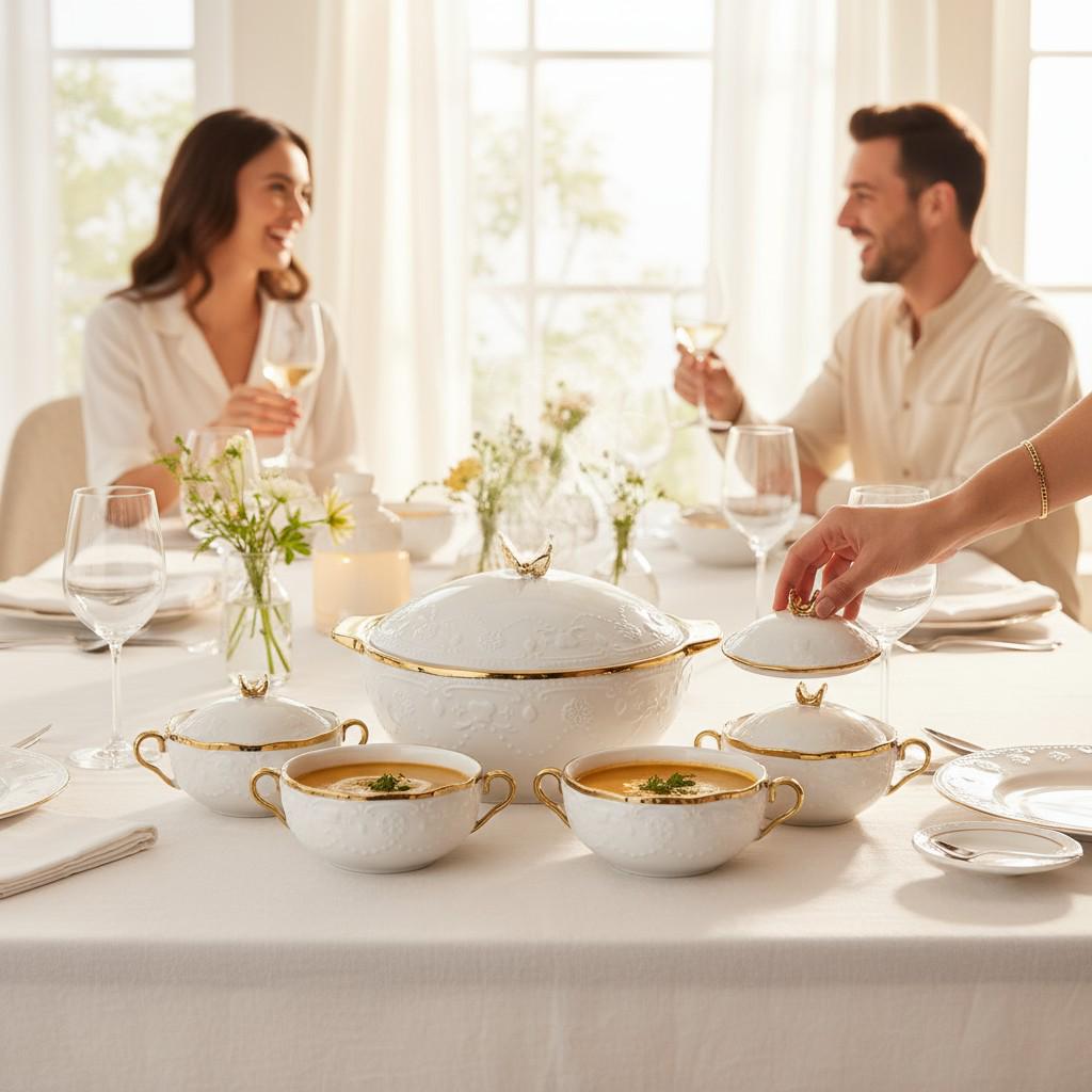 Сервиз суповой фарфоровый Amphora на 6 персон супница 3 л с 6 бульонницами 300 мл 7 предметов Белый/Золотой (SPW-16) - фото 2 Сервиз суповой фарфоровый Amphora на 6 персон супница 3 л с 6 бульонницами 300 мл 7 предметов Белый/Золотой (SPW-16) - фото 2