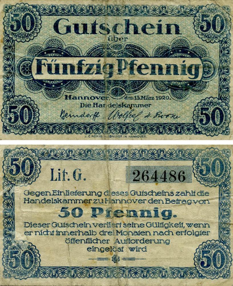 Коллекционная банкнота Германия Нотгельд 50 пфеннигов 1920 F-VF Ганновер (Б18720)