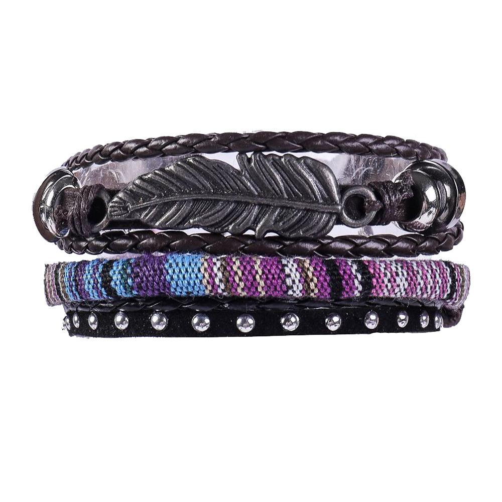 Набор плетеных кожаных мужских браслетов универсального размера перышко (NR0503)