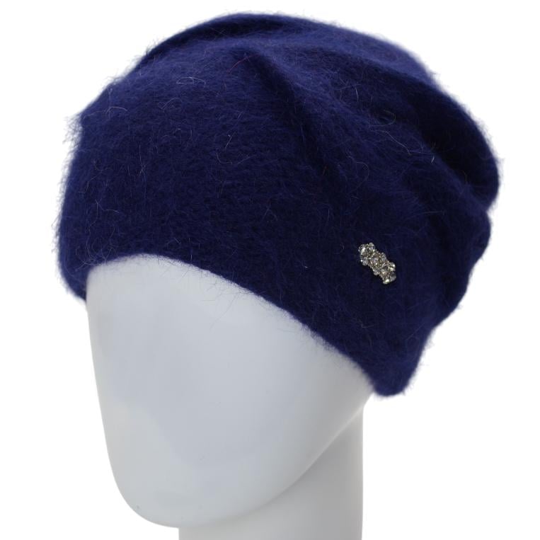 Шапка жіноча Novita Сюзана ангорова подвійна з акуратним візерунком та брошкою one size Синій (247523)
