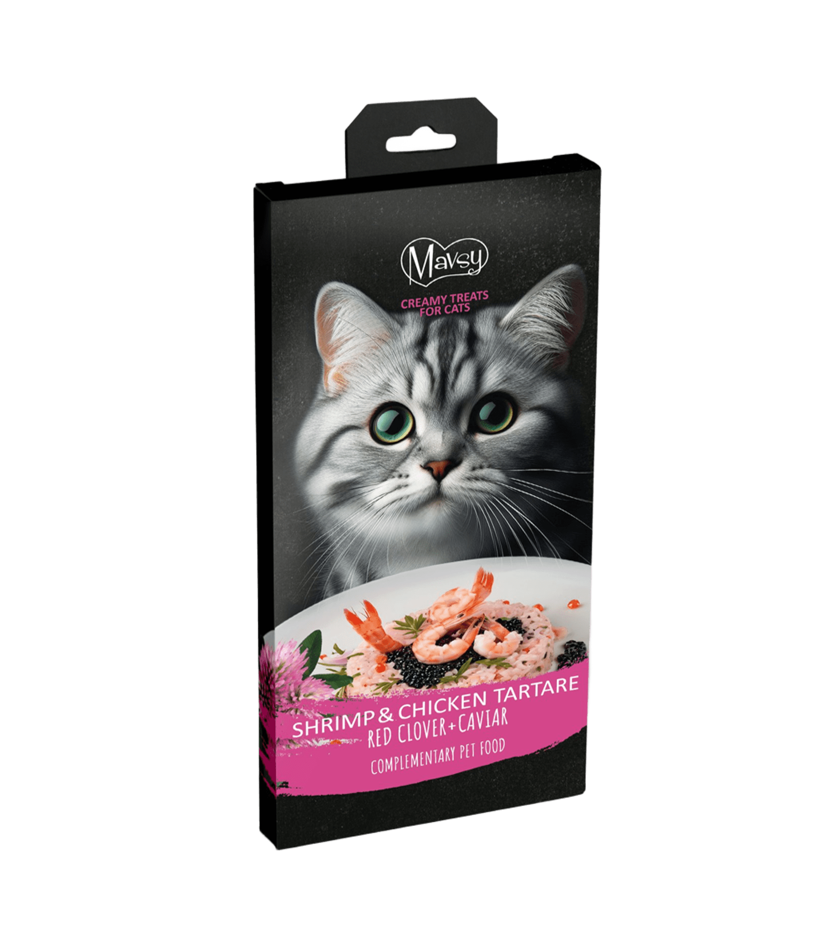 Ласощі для котів кремові Mavsy Creamy superfood Shrimp and chicken tartare with red clover and caviar 15 г/5 шт. (29696779)