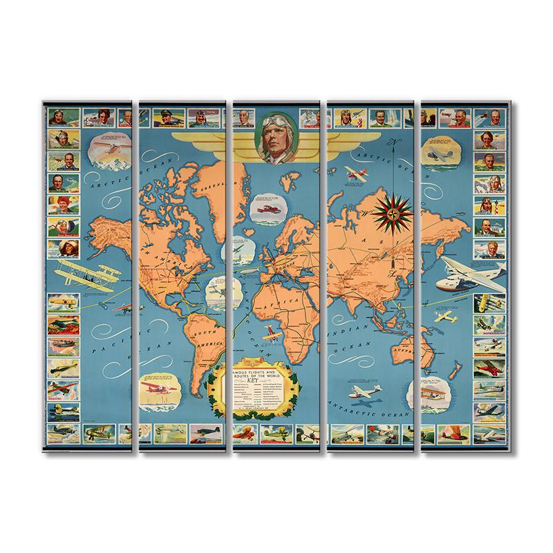 Винтажная карта Рейсы авиамаршруты мира 5 модулей 90x135 см