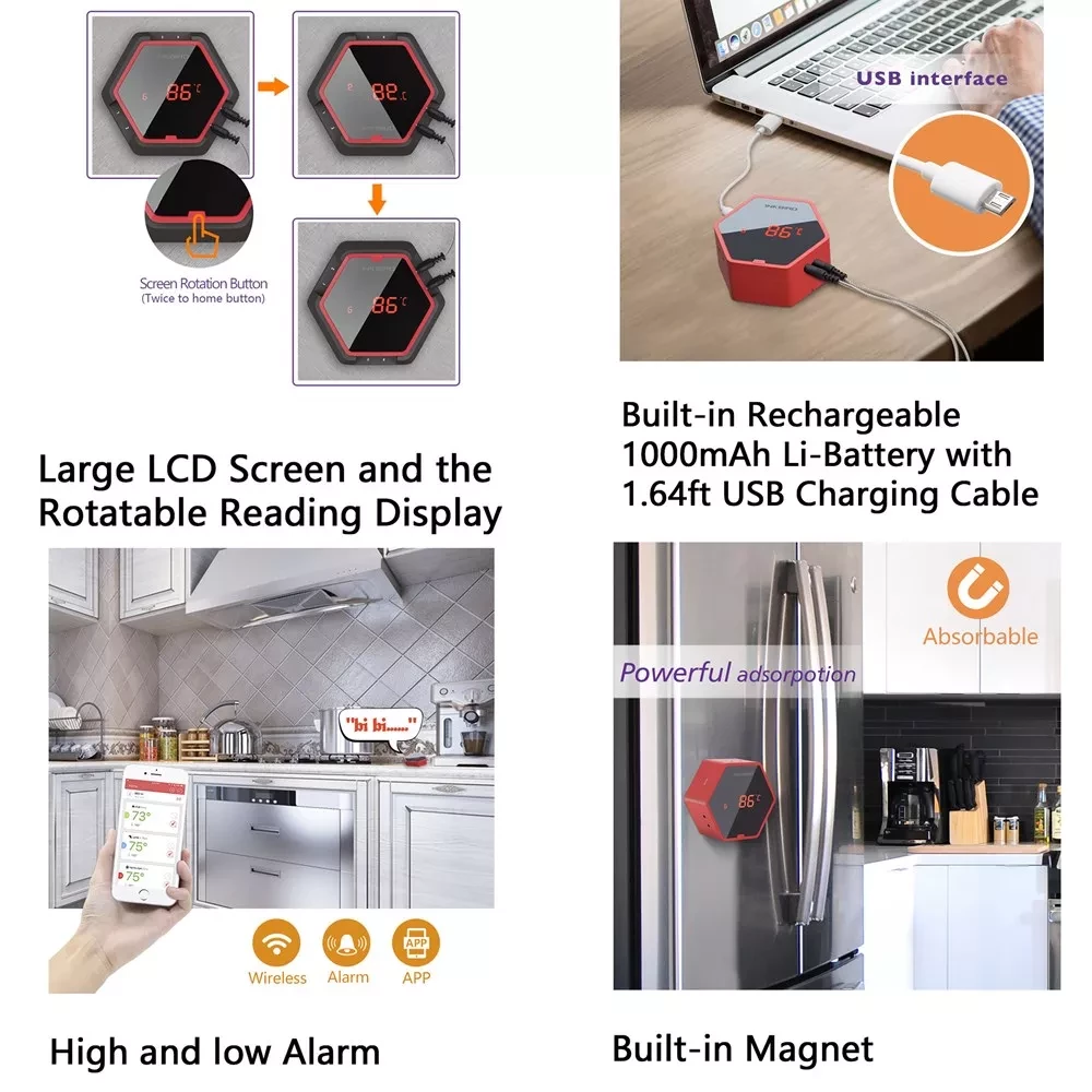 Цифровий бездротовий термометр INKBIRD IBT-6XS для м'яса 6 щупів - фото 4