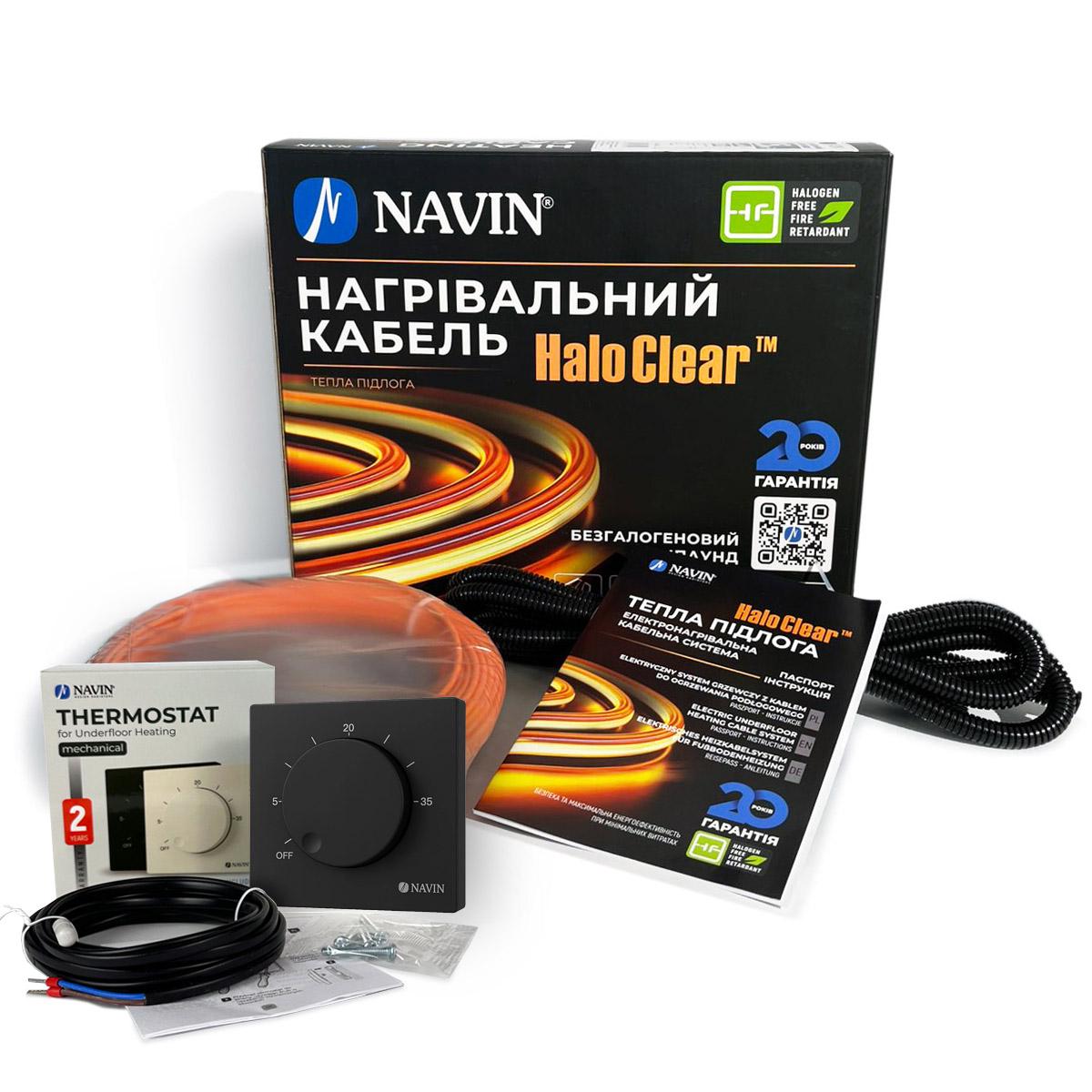 Комплект теплої підлоги NAVIN HaloClear Basic 520 Вт 2,9-3,5 м2 нагрівальний кабель/терморегулятор NAVIN EH84WM-16A Чорний матовий