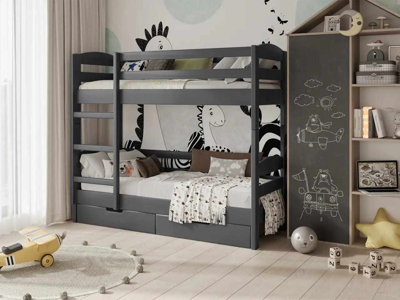 Ліжко двоярусне STEMMA Джуніор з ящиками натуральне дерево сосна 90x200 см Венге (52590)