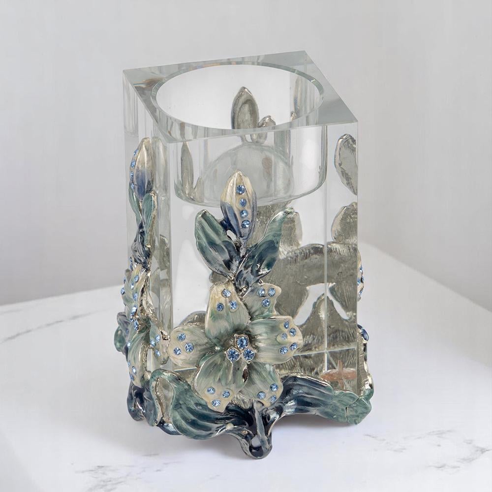 Декоративний свічник для інтер'єру з металевими квітами скляний 5х5х9 см Срібло (147-81-007MB) - фото 2
