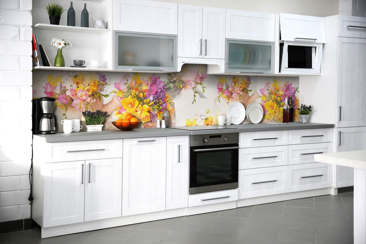 Кухонный фартук Желтый букет крокусы из самоклеющейся виниловой пленки 60х300 см Бежевый