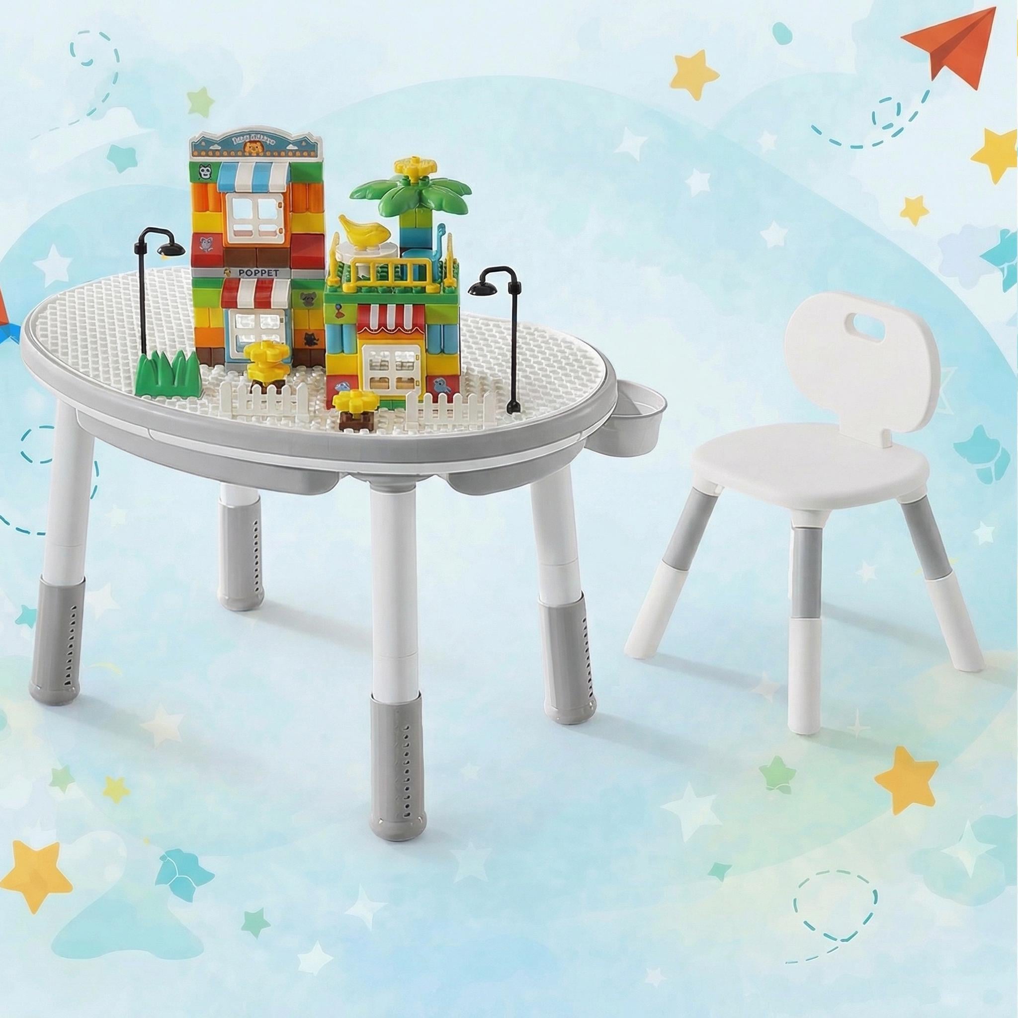 Столик детский со стульчиком Poppet Мультиплей 5в1 с конструктором Дом мечты Грейси (PP-SET-011GR-03)