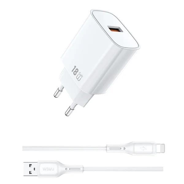 Зарядное устройство сетевое WIWU Essen GaN Wi-G006 18W USB-A QC3.0 с кабелем Lightning White (6977703654769)
