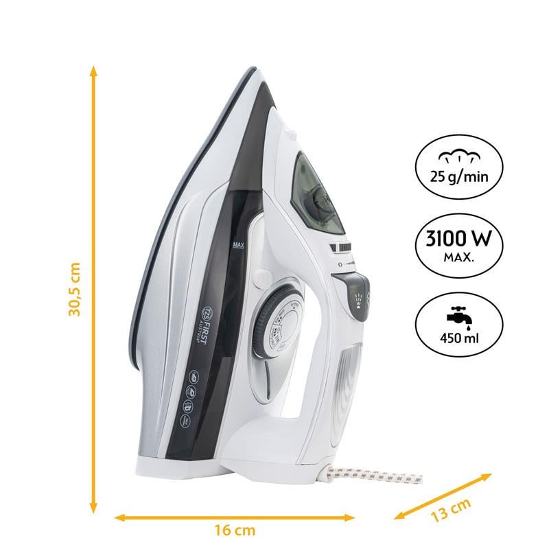 Утюг First FA-5627-4-GR 3100 Вт подача пара 25 г/мин керамика 450 мл White/Green (623921) - фото 2 Утюг First FA-5627-4-GR 3100 Вт подача пара 25 г/мин керамика 450 мл White/Green (623921) - фото 2