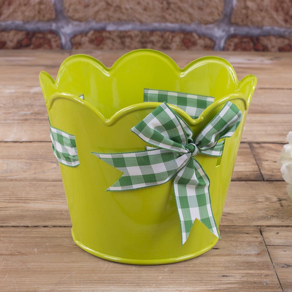 Металлическое кашпо для цветов с бантиком круглое (2808-2)