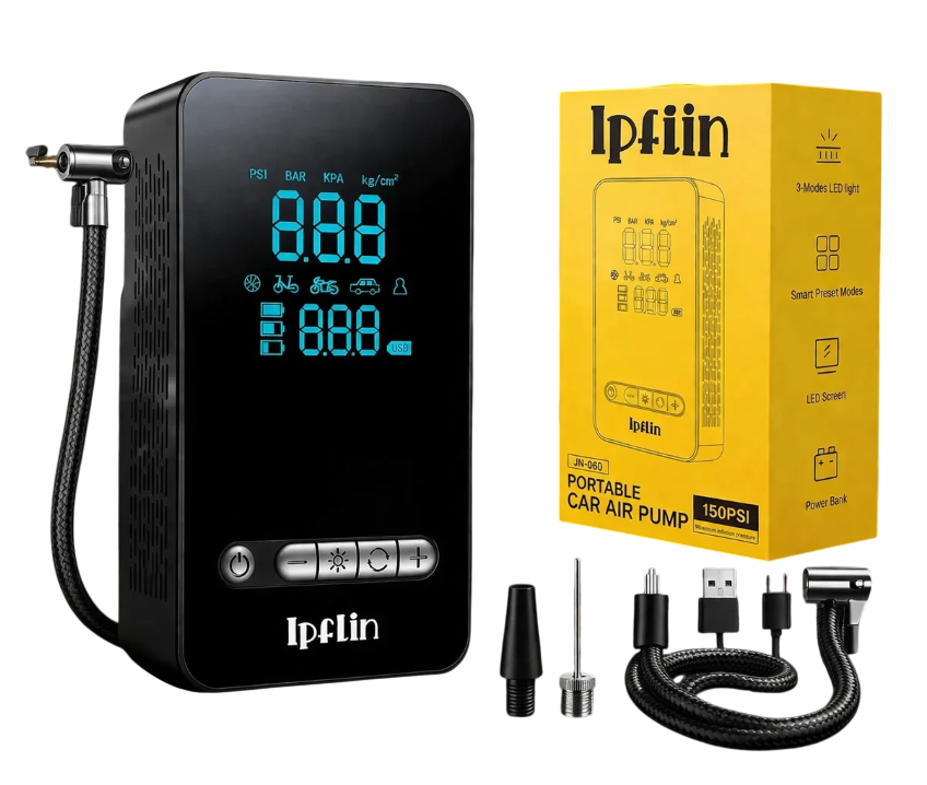 Компрессор автомобильный беспроводной Ipflin аккумуляторный для шин с цифровым манометром и LED-фонарем (2972633717)