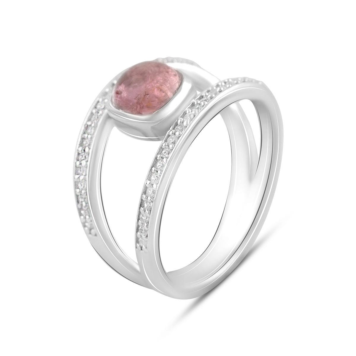 Кольцо серебряное с розовым турмалином кабошон и фианитами р. 18,5