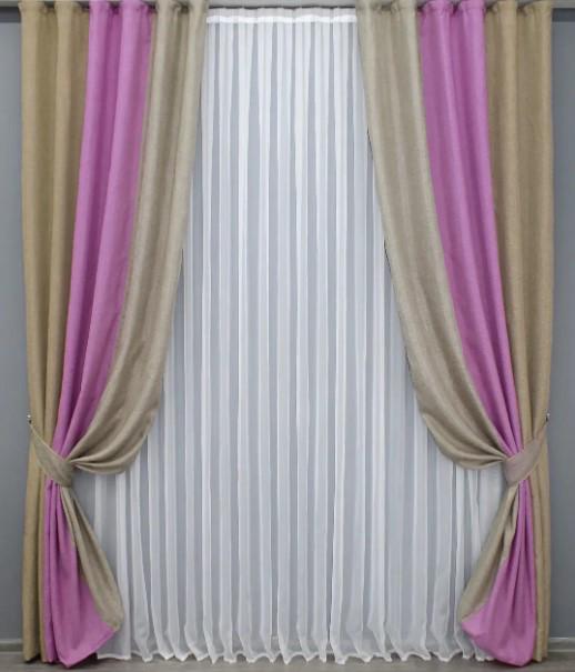 Шторы лен/мешковина 1,5х2,7 м 2 шт. Капучино/Розовый/Светло-кофейный (016дк/1141-125-113ш)