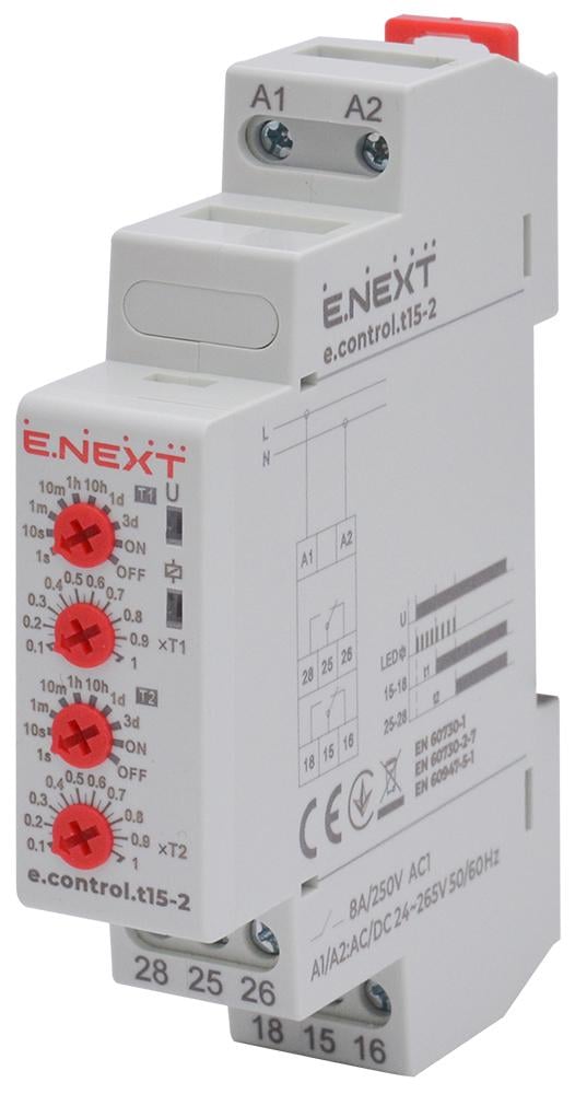 Реле времени E.NEXT e.control.t15-2 8A 24-265V AC/DC 0,1с -10 дней задержка (i0310044)