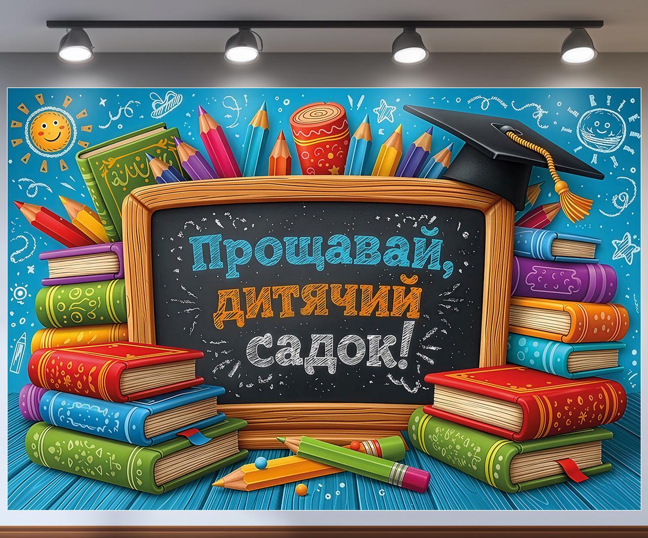 Баннер для фотозоны "Прощавай дитячий садок" меловая доска/стоп цветных книг и шапка 180x120 см