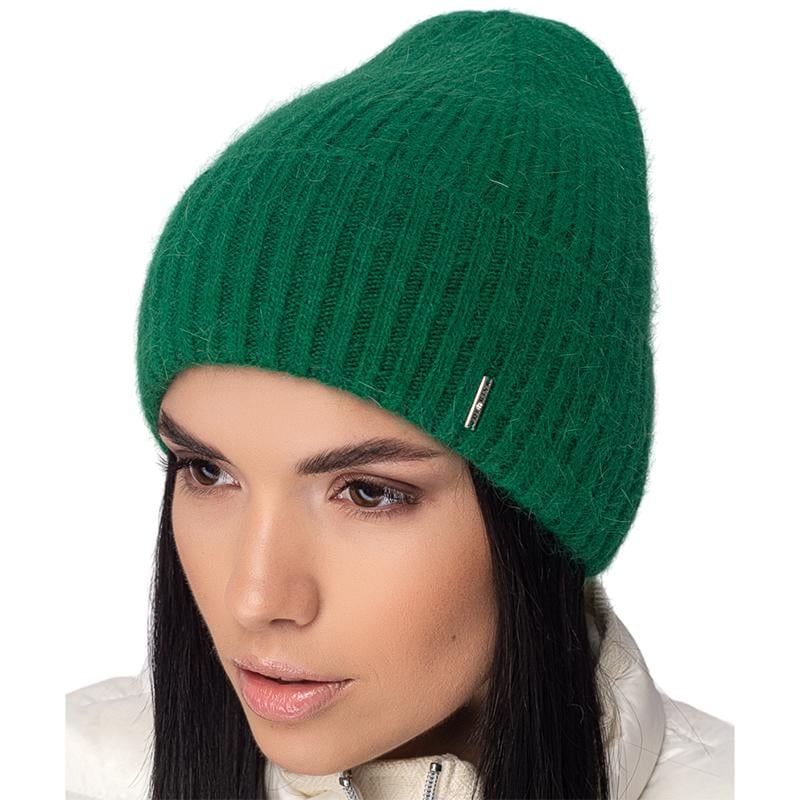 Шапка ангоровая Leks МАГИЯ одинарная с отворотом без подкладки в рубчик one size Трава