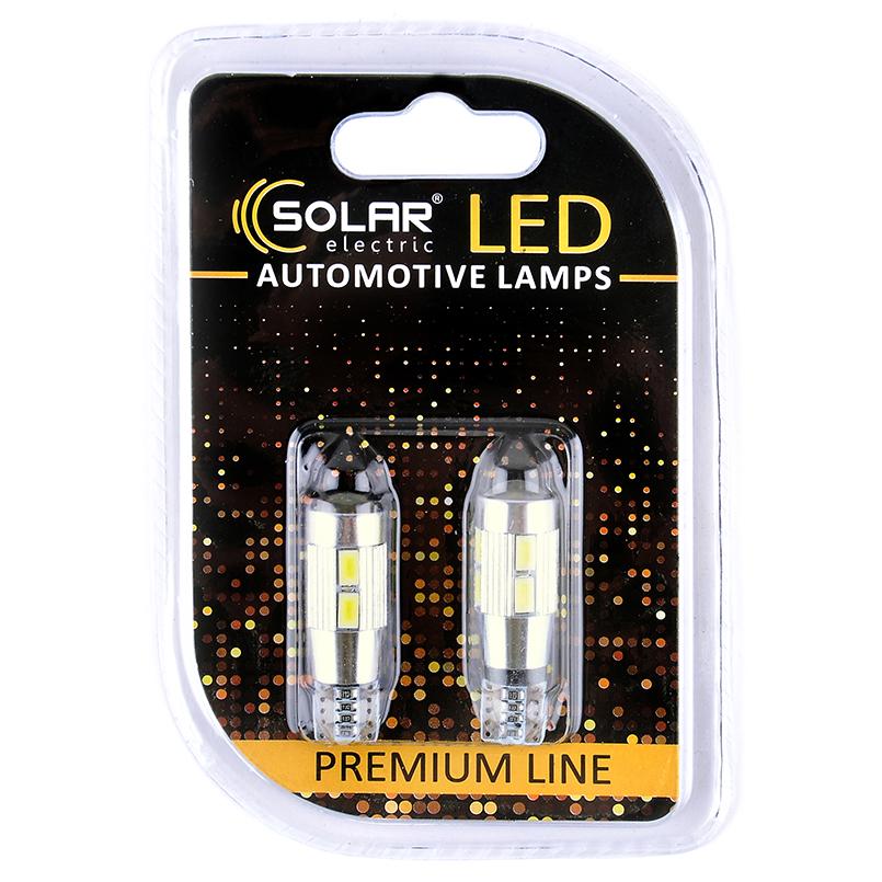 Автолампа светодиодная Solar Premium Line 12V T10 W2, 1x9,5d 10SMD 5730+ lens Canbus White 2 шт.