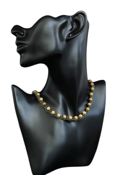 Чокер плетений з дерев'яними намистинами мереживний Ялівець ручна робота Зелений (NK-0082)