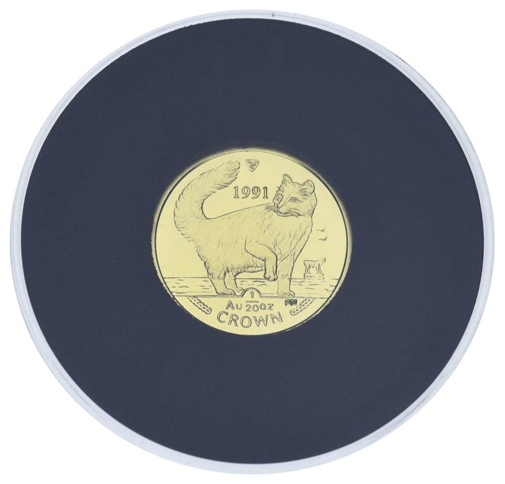 Коллекционная монета Остров Мэн 1 крона 1991/2008 золото Proof Кот Норвежская лесная кошка 1/20 унции