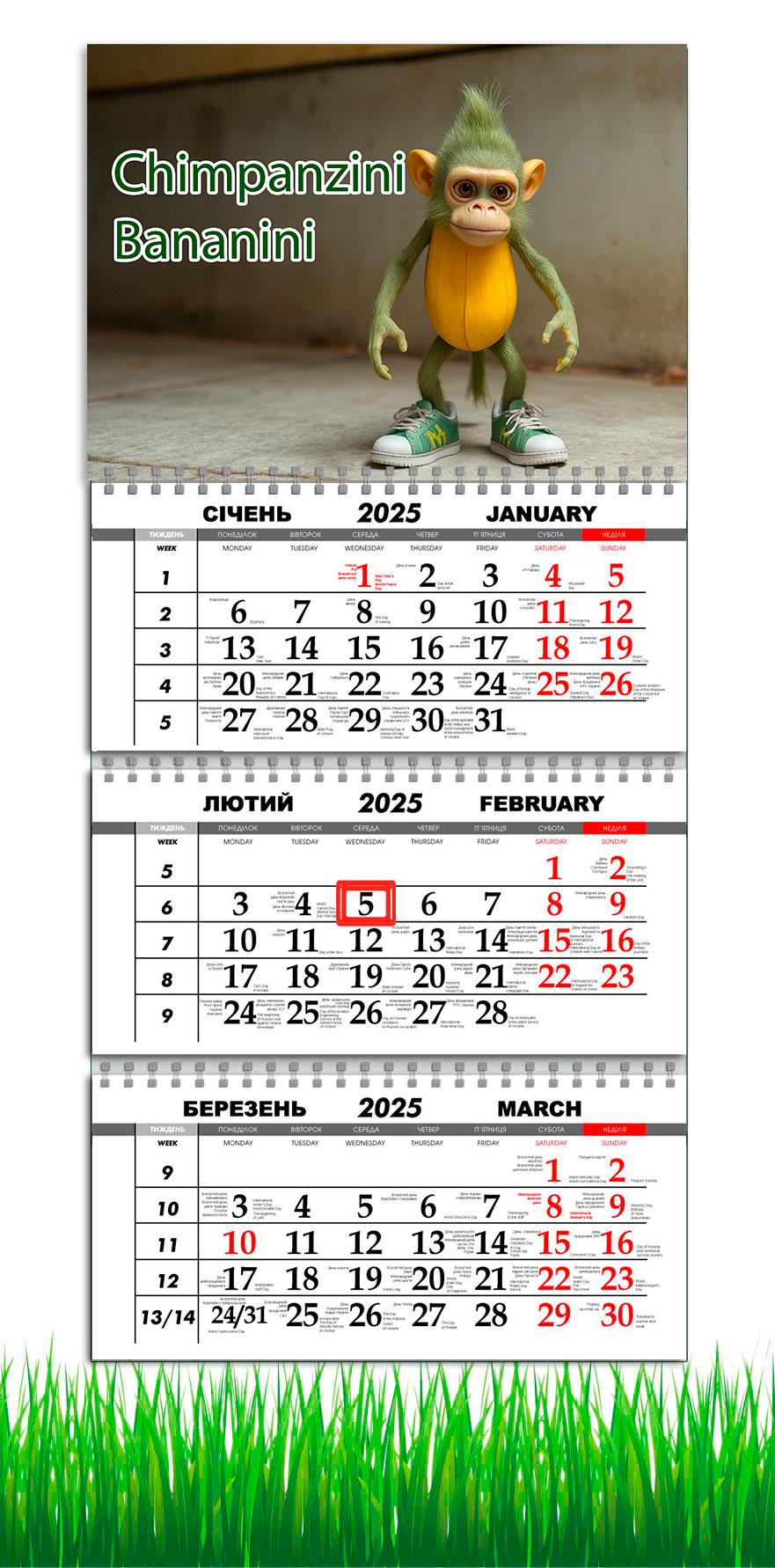 Календарь настенный квартальный на 2025 год APRIORI Шимпанзини Бананини на 3 пружины 30х61 см (UA3080)