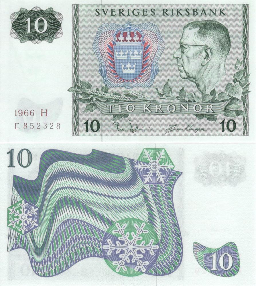 Коллекционная банкнота Швеция 10 крон 1966 UNC P52b (Б09262)