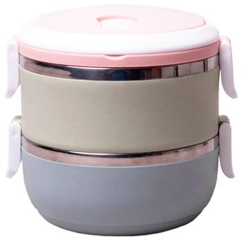 Ланч-бокс из нержавеющей стали 2-слойный круглый с ручкой 1,4 л (31022)