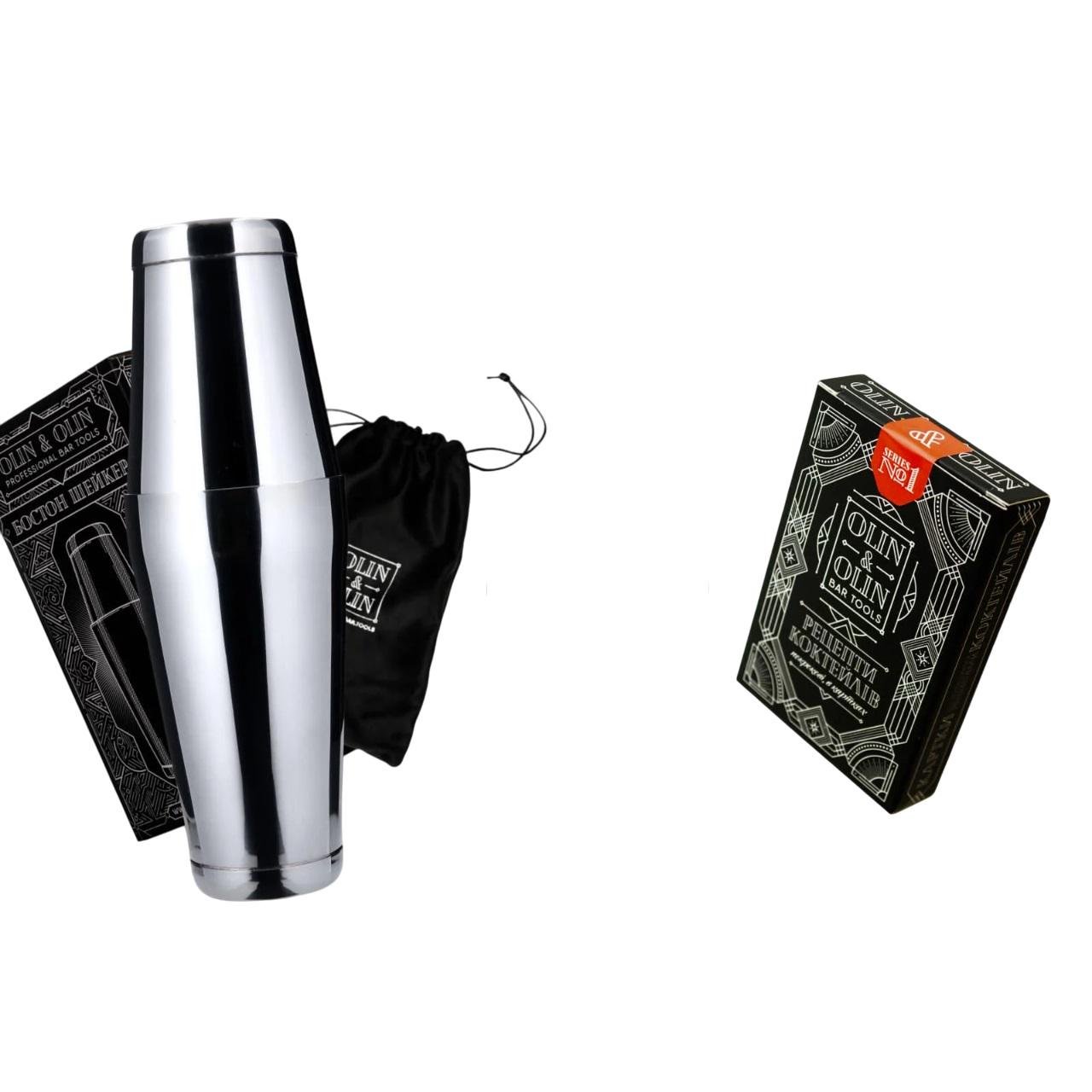 Подарунковий барний набір Olin&Olin бостон шейкер для приготування коктейлів та комплект карток №1 з рецептами Сріблястий (7743-KI-Sh-s-St-1)