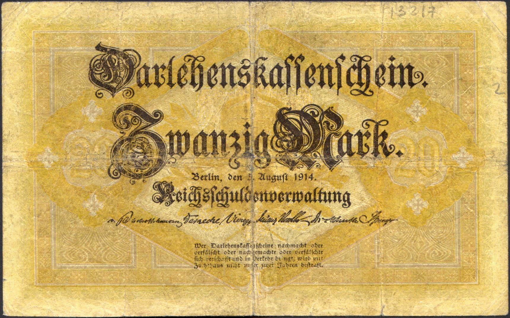 Коллекционная банкнота Германия 1914 20 марокко P48a VG