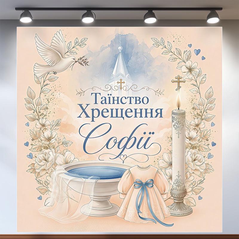 Фотозона на крещение девочки Таинство Крещения с купелью, свечой и платьем 120х120см, №48020 Фотозона на крещение девочки Таинство Крещения с купелью, свечой и платьем 120х120см, №48020