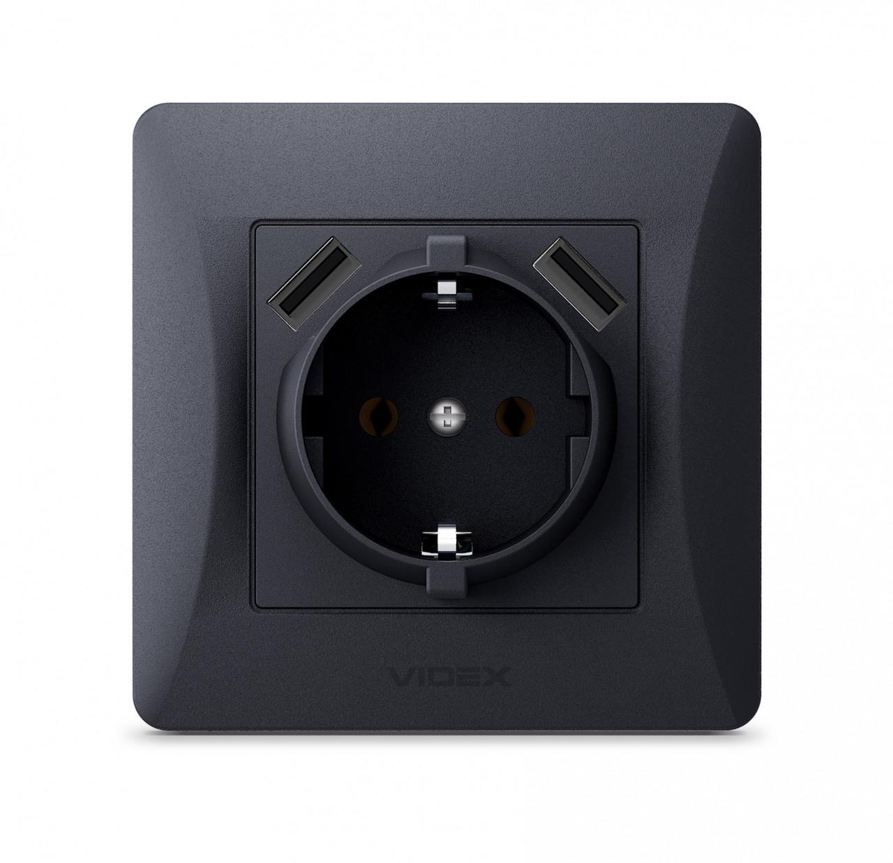 Розетка Videx Binera одинарная с заземлением и двумя USB Черный графит