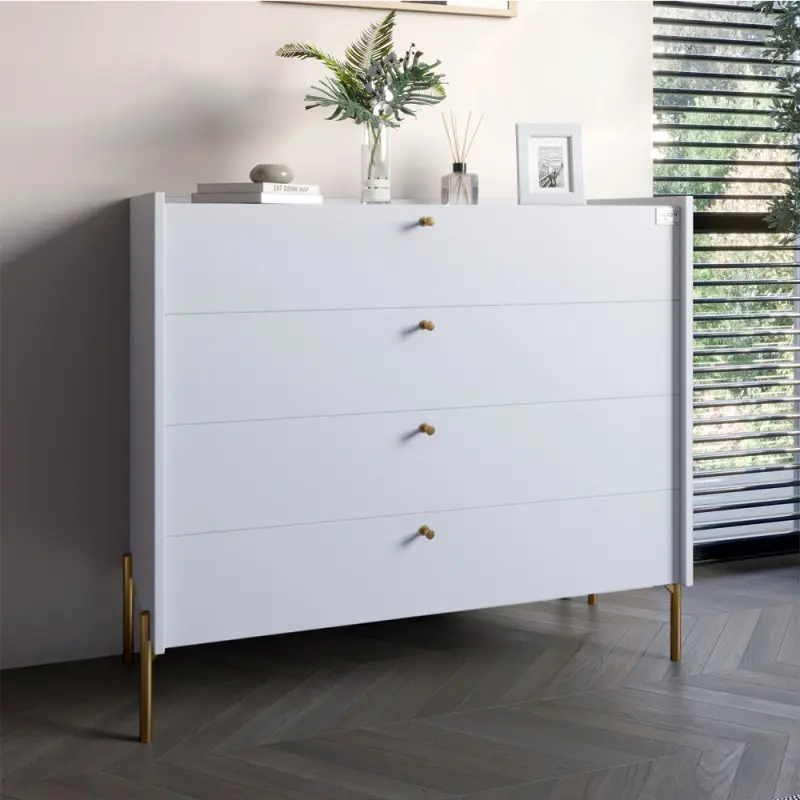 Комод LION Wood с 4 ящиками и золотыми ножками 100х90х45 см Нимфея Альба/Белый (31458493)
