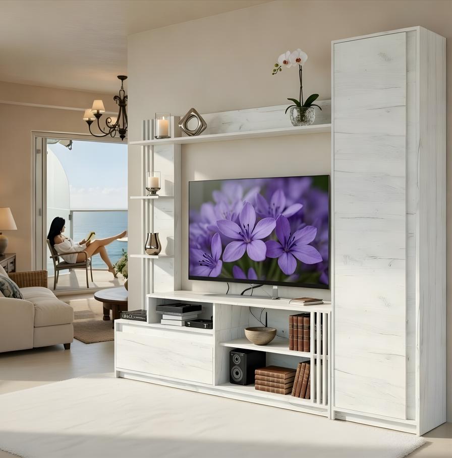 Стенка Мастер Форм для ТВ с шкафом Брайт правосторонняя 2220 мм Белый