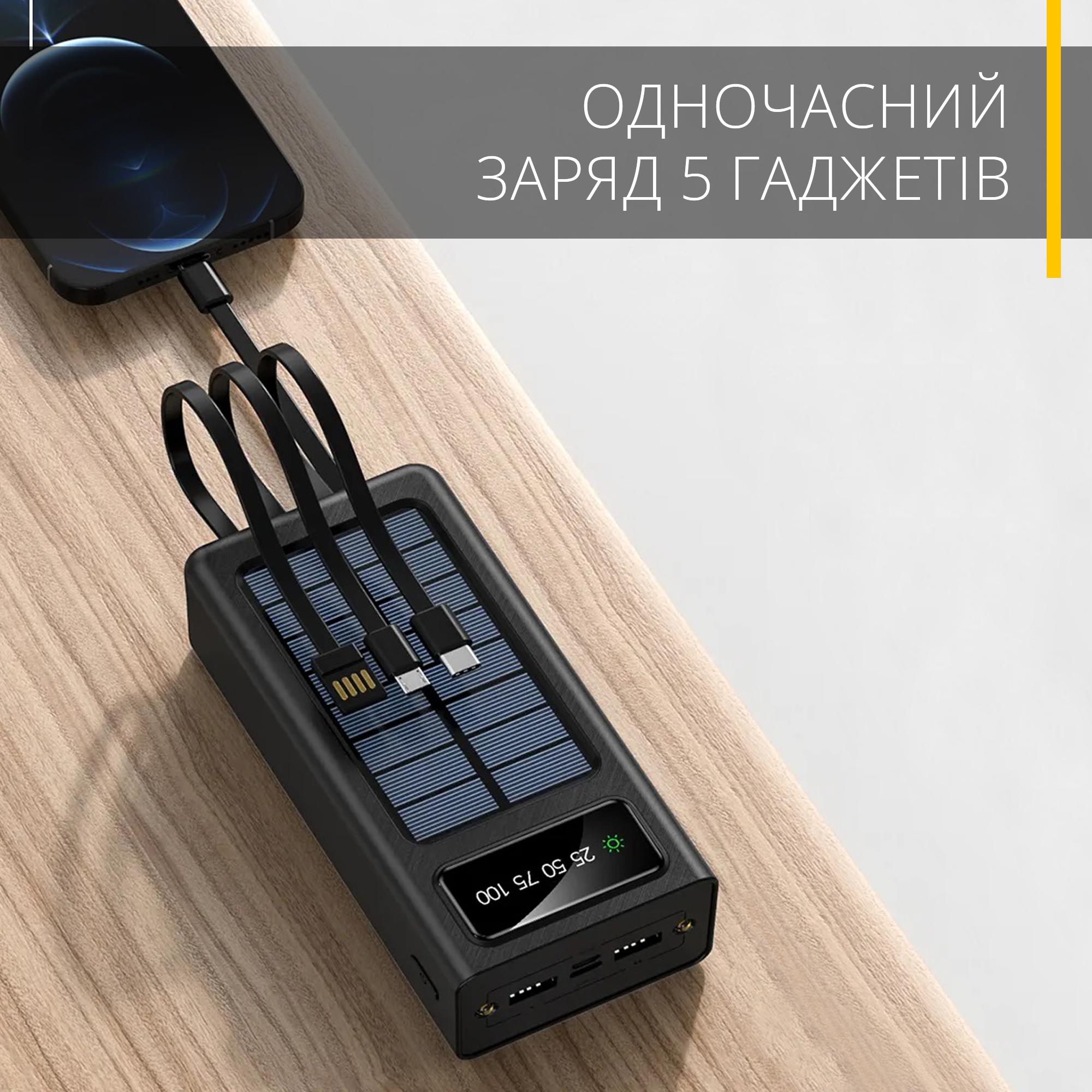 Зовнішній портативний акумулятор 30000 mAh із сонячною батареєю та вбудованими перехідниками на 5 виходів Чорний (00088) - фото 8