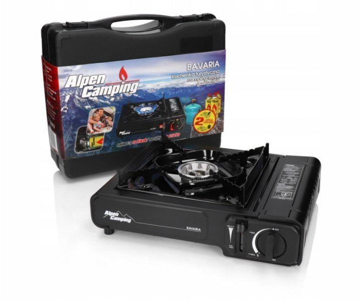 Плита газовая туристическая Alpen Camping с пьезоподжигом 2200 Вт и 4 баллона с адаптером (9761711)