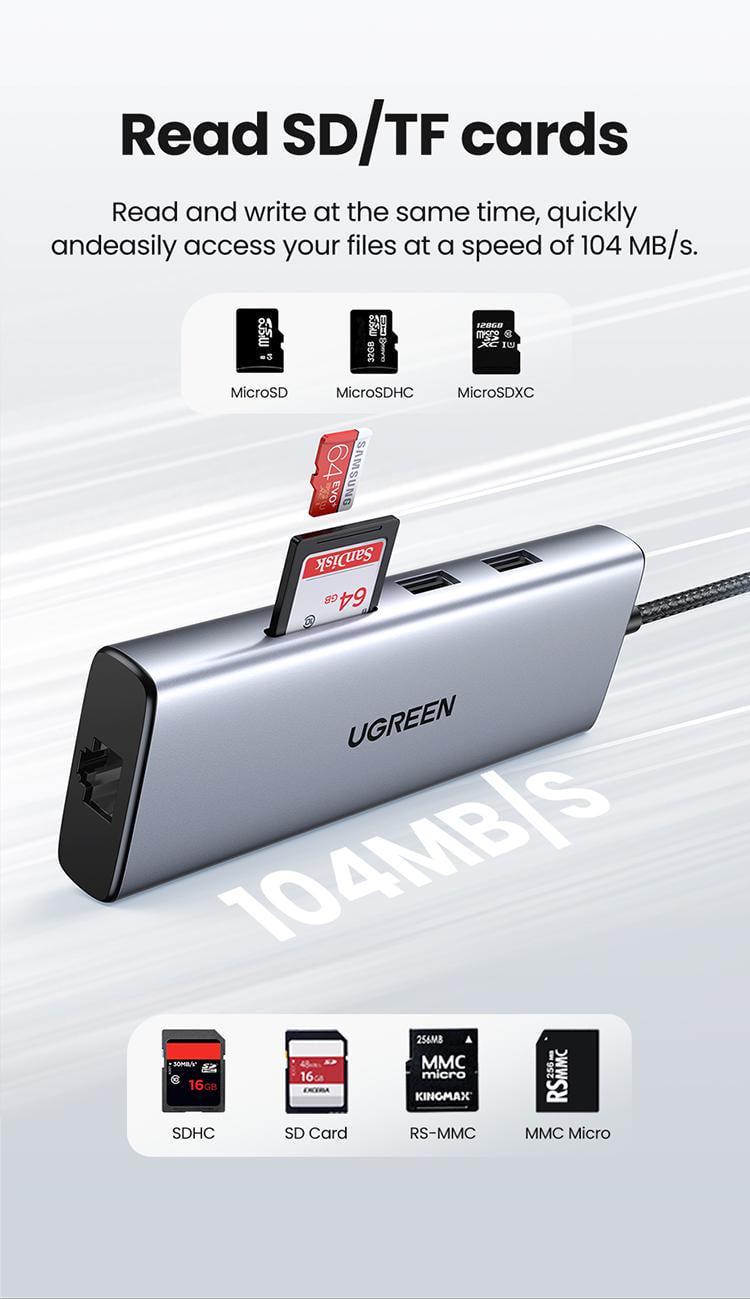 USB-хаб UGREEN Type-C-2x USB 3.0/5 Гбіт/с 2x HDMI 4K 60Hz/USB 2.0 480 Мбіт/с RJ45 1 Гбіт/с SD/TF карти Type-C PD 60W USB-C Сірий (90119) - фото 7 USB-хаб UGREEN Type-C-2x USB 3.0/5 Гбіт/с 2x HDMI 4K 60Hz/USB 2.0 480 Мбіт/с RJ45 1 Гбіт/с SD/TF карти Type-C PD 60W USB-C Сірий (90119) - фото 7